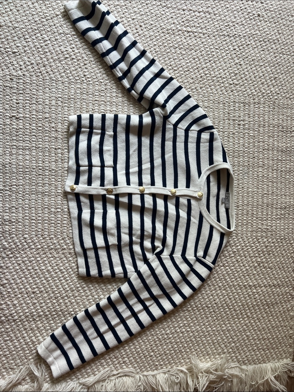 J Crew 100% Cotton Striped Navy and White Lady Jacket with gold buttons